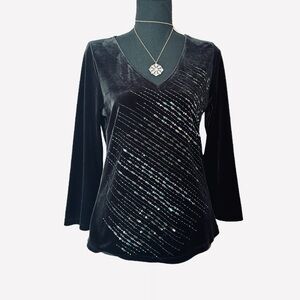 #55 WILLI SMITH ~ Black Velour V-Neck Sequined Long Sleeve Top size M